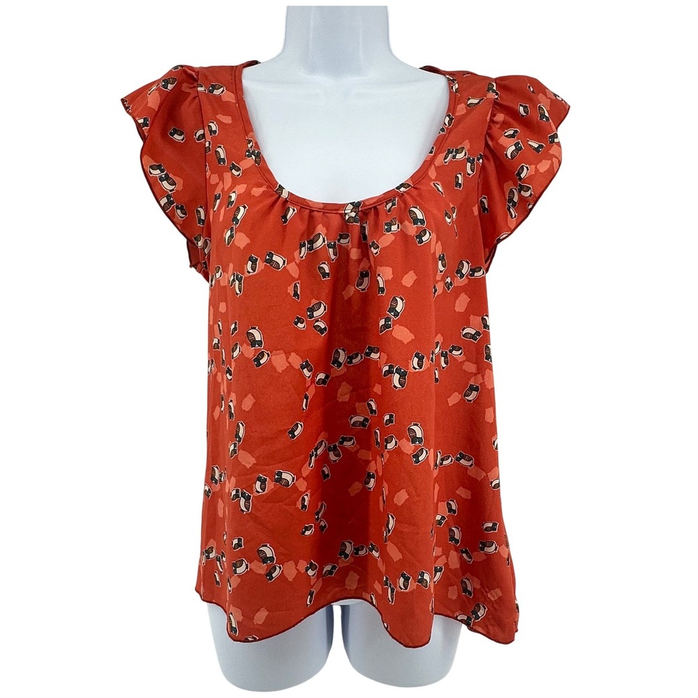 Mauve Owl Print Blouse Flutter Sleeve Keyhole Back Womans M Cottage Fall